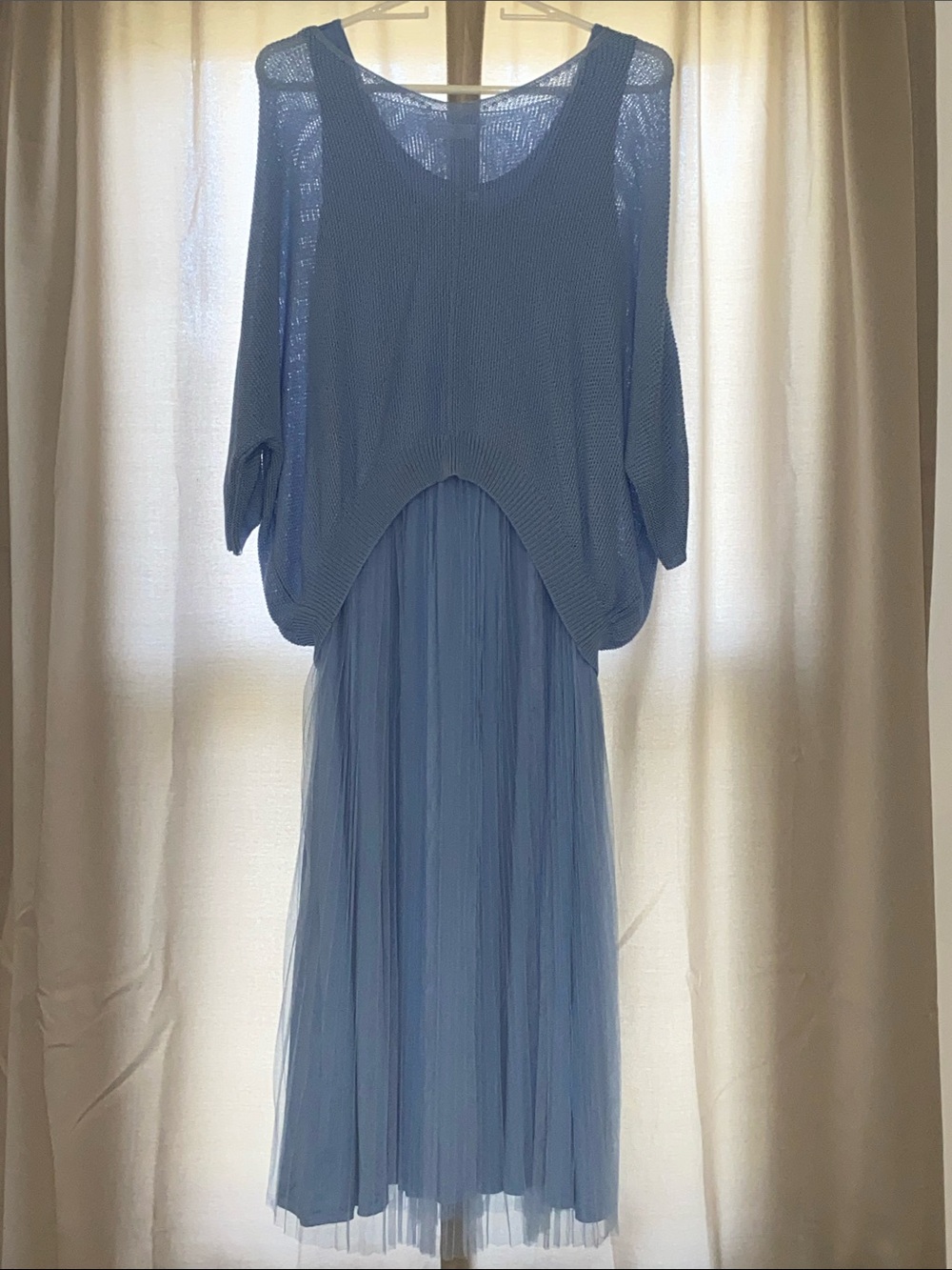 Light Blue Layered Knit & Tulle Maxi Dress